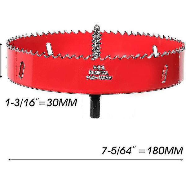 180 mm hulsav, Hss M42 bi-metal højhastighedsstål, hulskærer med sekskantskaft og bor til træ, gipsplader og metalplader, 1 stk., rød