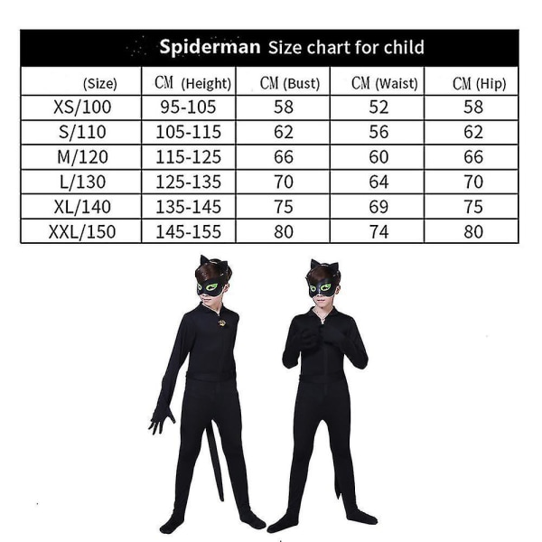 Kids Black Cat Costume Gutter Cosplay Noel Bodysuit med maske, øre, hale 110(105-115CM)