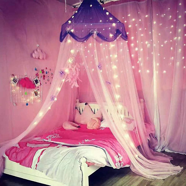 Sänghimmel med ljus Sänghimmel Gardiner för flickor Toddler himmel för flickor Purple and Pink
