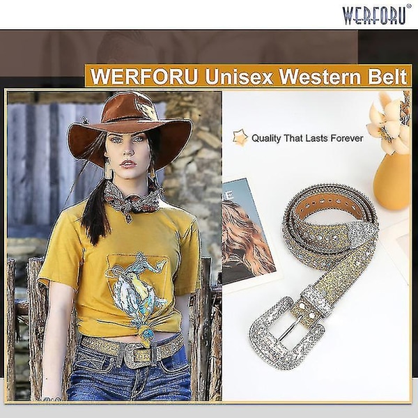 Strassbälte för män kvinnor Western Cowboy Cowgirl Bling dubbat läderbälte för jeansbyxor Golden 105cm(41Inch)