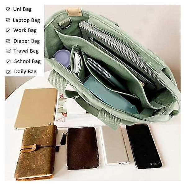 Canvas Multi-Pocket Zipper Bag, Handmade Canvas Material, Multiple Compartments, Multifunctional Women's Bag, Suitable for University, School White - Medium