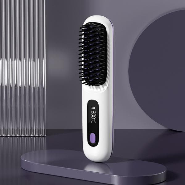Rechargeable Heated/Straightening Brush - Electric Ceramic Brush with USB, LCD, and Ion Function, Rechargeable white