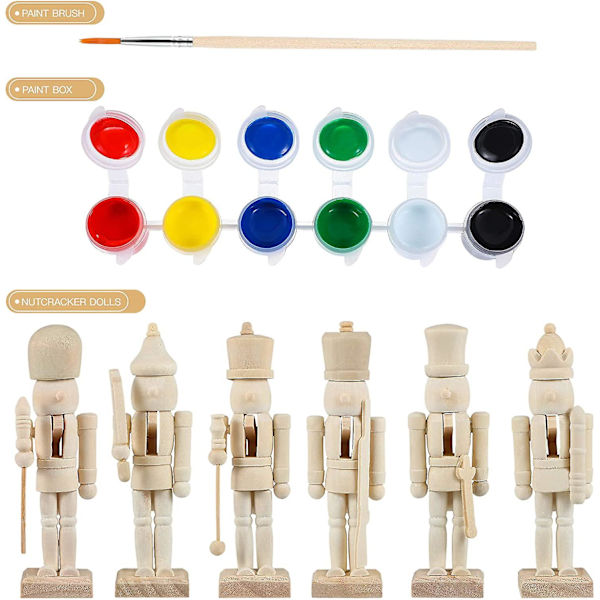 6-pack trä jul nötknäppare kit för barn hantverk, 12 cm dockor med pigment, mönster borste