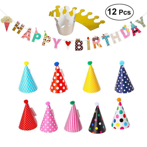 Suloiset syntymäpäivähatut monissa väreissä ja kuvioissa raidat, pisteet, ruudut jne., 8 syntymäpäivälakkia ja 2 paperista syntymäpäiväkruunua