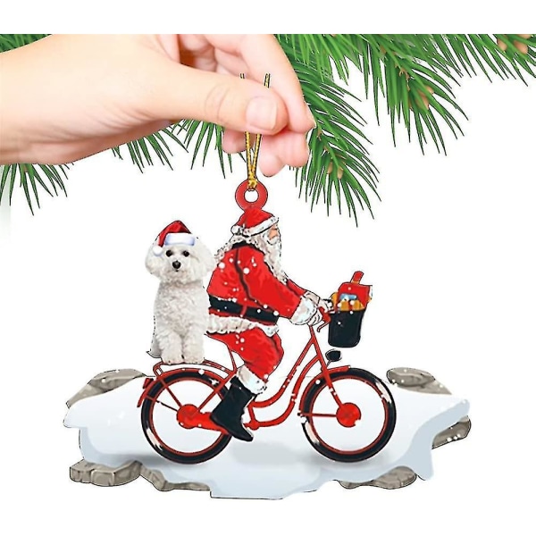 2 pakke morsomt juletre-anheng, søt julenisse sykler med en hund. Juletre hengende håndverk (c)