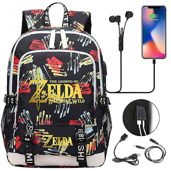 Zelda Usb Port Laptop Rygsæk, Skolebogstasker, Fans Travel Casual Computertaske, Gave 9