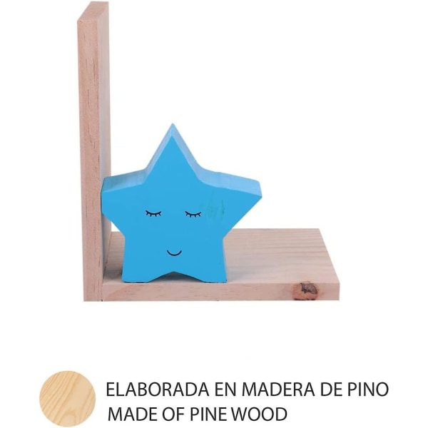 Dekorativ barnebokholder med blå stjernedesign - barnebokholder i nordisk stil - bokstativ og bokhyller i tre