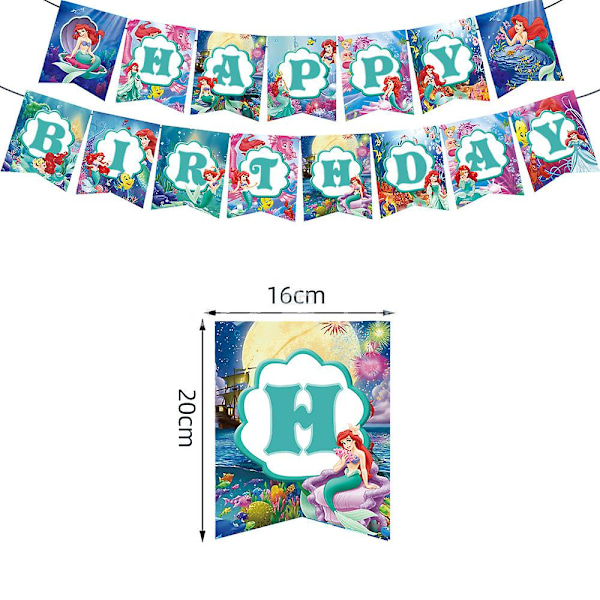 Prinsessa Ariel -teema syntymäpäiväjuhlasisustus, Set sisältää Happy Birthday -bannerin, kakun/kuppikakun päällyksen, ilmapallon, riippuvat pyörteet