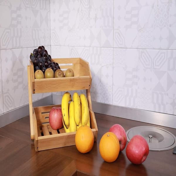 2-Tier Bamboo Fruit Basket Bread Basket Vegetable Storage Snack Stand for Kitchen and Office