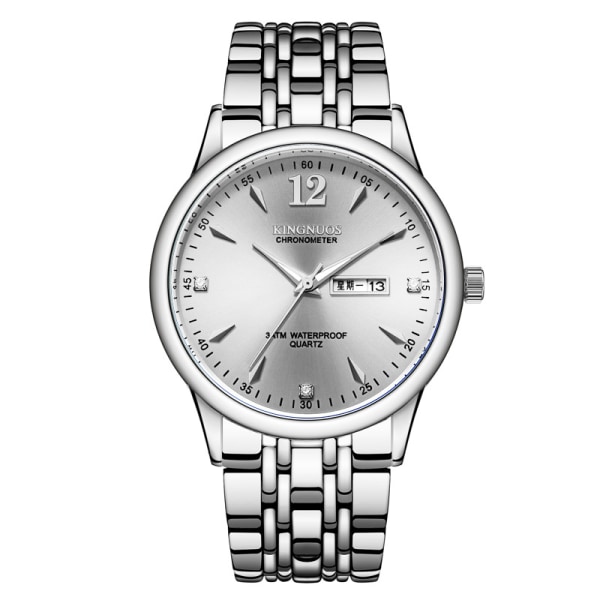 Motepar stålbelte vanntett dobbel kalenderklokke Silver watchband white dial Suitable for men