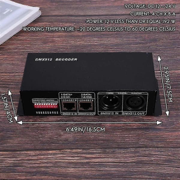 4CH DMX512 LED-kontroller 8A dekoder for RGBW stripebelysning 12V-24V DC Black