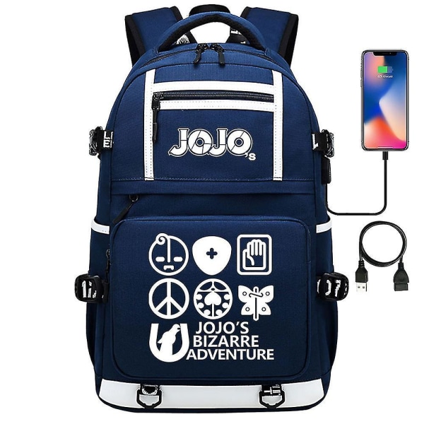 Black Jojo's Bizarre Adventure Usb Port-ryggsekkveske for skolebøker, studenter og utendørsaktiviteter. Skulder Bokveske Ryggsekk Med Cosplay Desig 8