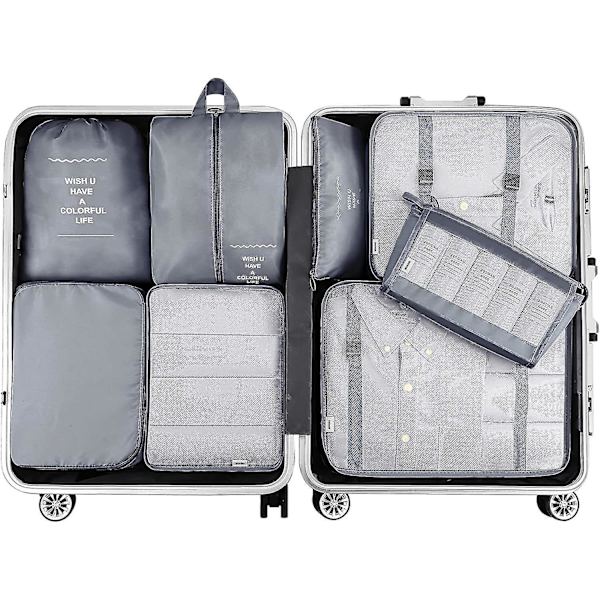 8-pack Organiser Set för Resväskor, Förvaringsväskor, Packningskuber, Resepåsar, Presenter Grey