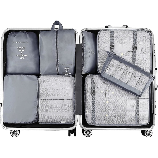 8 stk Organizer Sæt Bagage Kuffert Opbevaringstasker Pakning Rejseterninger Gaver Grey