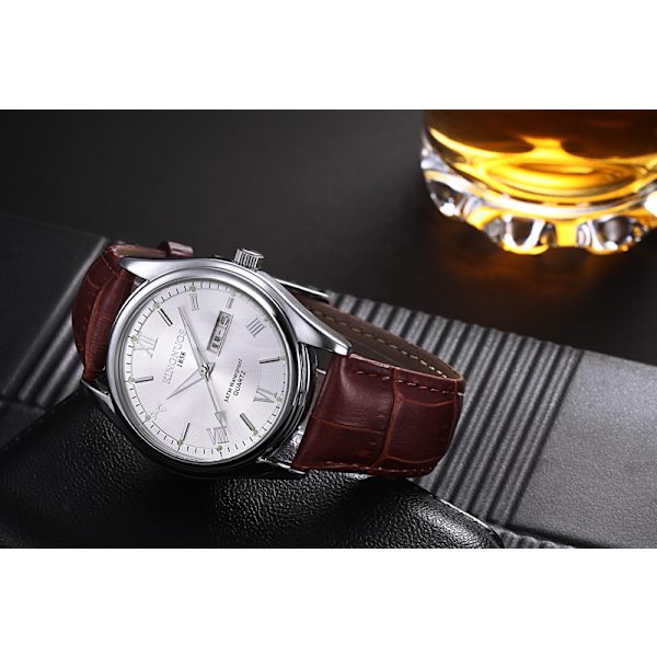 Romertal dobbelt kalenderbælte par vandtæt ur Brown with white dial Suitable for men