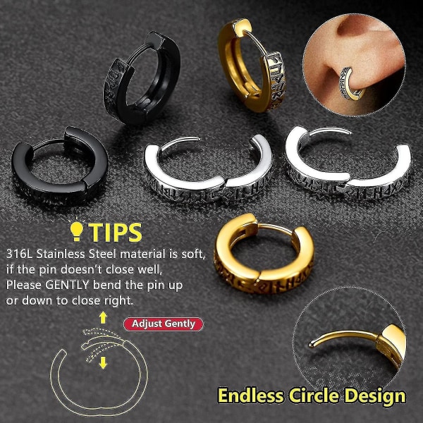 Norse Viking Runes Hoop Øredobber For Menn Dame 12mm Huggie Hoops Med delikat gaveemballasje