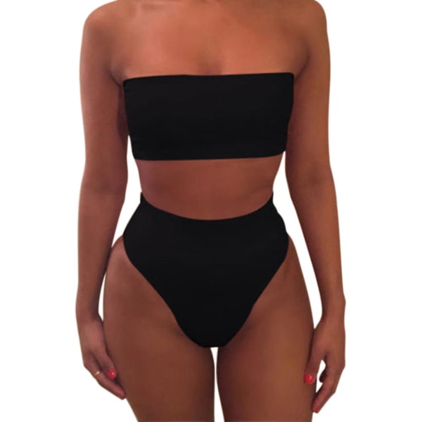 Solid Color Crop BH Bikini Badetøj Badedragt Strandtøj Sæt til kvinder black M