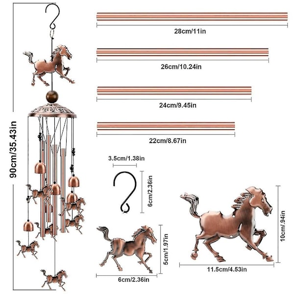 Hest vindklokker utendørs kobber vindklokker dekorasjon med 1 lykkeperle 4 aluminiumsrør 6 bjeller minnesmerke