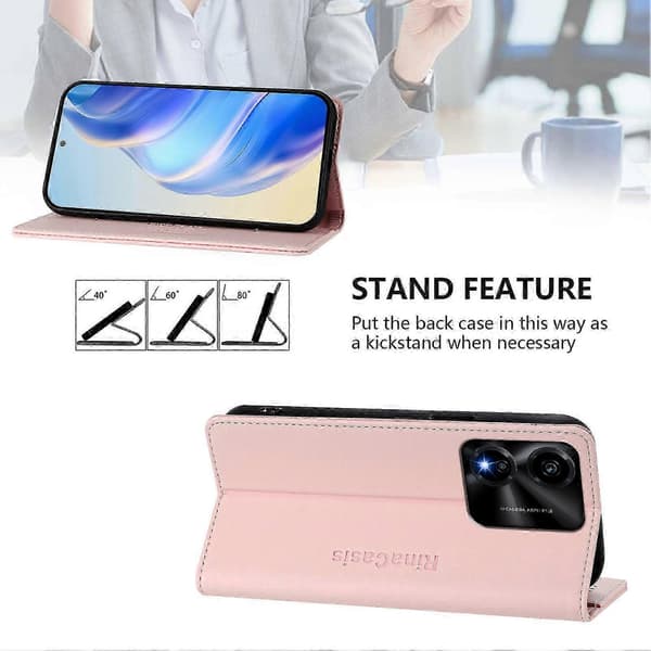 Kompatibelt läderfodral för Honor X5c Plus RINACASIS RC01 mobilskal med RFID-plånboksstativ Pink
