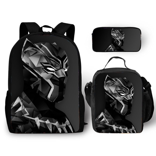 Harajuku Classic Black Panther 3 kpl / set Reppu 3D Print School Opiskelija Kirjalaukku Anime Kannettava Päiväreppu Lounaslaukku Case 2