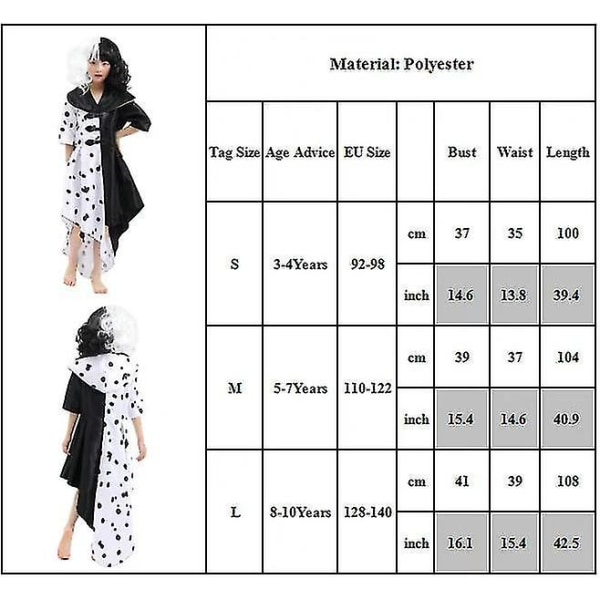 Kids Girls Cruella De Vil Carnival Cosplay Party -asu, hupullinen mekko + set L