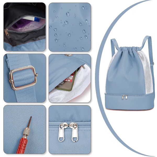 Gymväska Dagsäck med dragsko, vattentät ryggsäck med skofack och våtfack, stor sportväska-blå