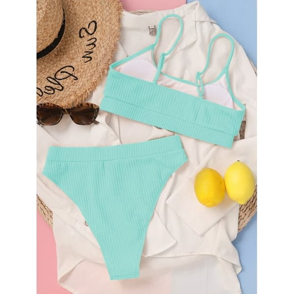Kvinnors Högmidjade Ribbade Cami Bikini Set Mint Blå L-US12