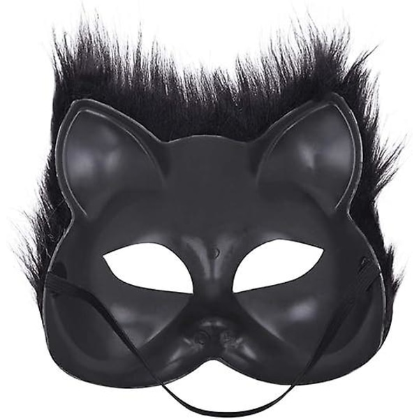 Plysj kattrevemaske, Therian-masker, realistiske kattemasker, halvansiktsdyrmaske, Furry Party Cat Mask Masquerade Mask, Cosplay-kostyme Black