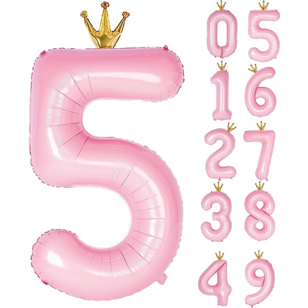5 ilmapalloa kruunulla, iso ilmapallo 101,60 cm, 5-vuotissyntymäpäiväjuhlien koristelutarvikkeet 5-vuotissyntymäpäivä logokoriste, pinkki