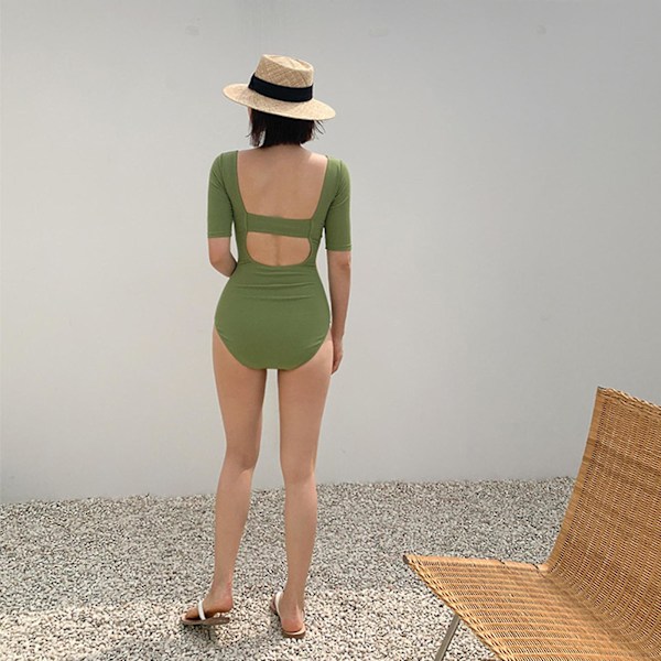 XL Grøn Rygløs Kortærmet One Piece Badedragt til Kvinder - Push Up Badetøj til Svømning, Hot Spring, Strand