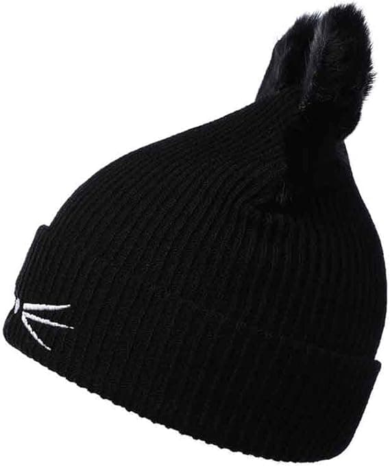 Dam flickor kattöron mössa vinter varm stickad skidmössa Black