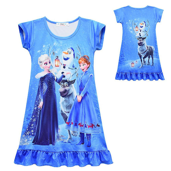 Barnflickor Frozen Elsa Anna Tryckt Nattklänning Kortärmad Pyjamas Klänning Nattkläder Light Blue 5-6 Years