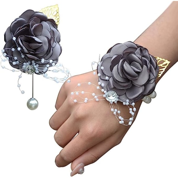 Wrist Corsage Rose Brudepige Bryllupsblomster Prom Corsage og Boutonniere Sæt til Bryllupsfest Prom Brudegom Brude (grå)