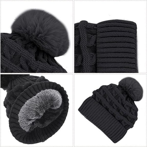 Bobble Hat til Kvinder Vinter Hue Hatte Termisk Fleece Foret Hat Dame Strikket Uld Hatte med Faux Fur Pom Pom Black