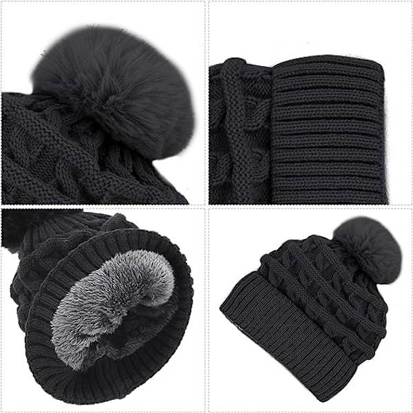 Bobble-hattu naisille Talvipipohatut Thermal fleecevuorattu hattu Naisten neulotut villahatut tekoturkisella Pom Pom Black