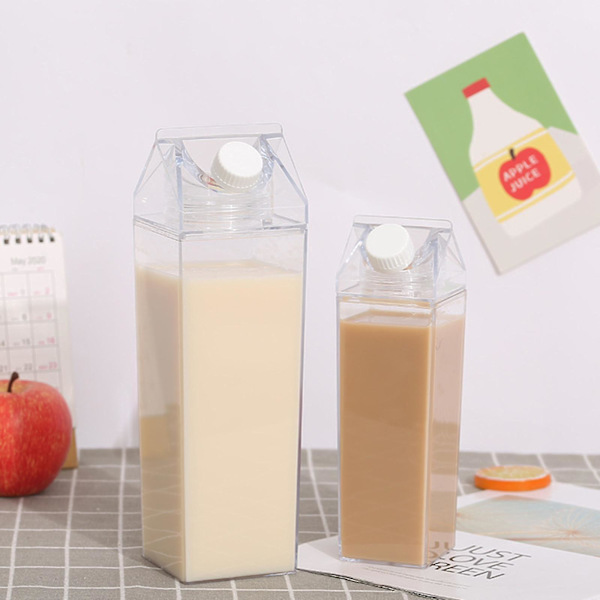 Mjölkkartong vattenflaska klar fyrkantig mjölkflaska Plast läckagesäker kopp 1000 ml, återanvändbar transparent mjölkkartong vattenflaska 2pcs-1000ml