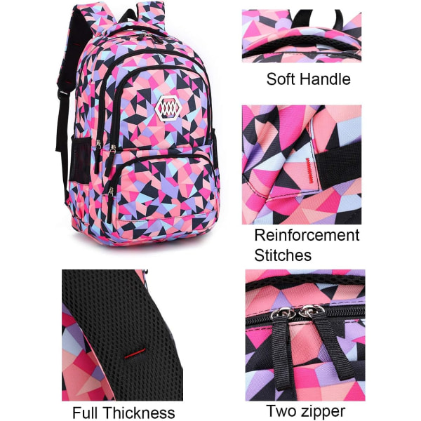 Pige geometrisk trykt Primary Junior High University Skoletaske Bogtaske Rygsæk (sort, 35L) Black 35 Liters