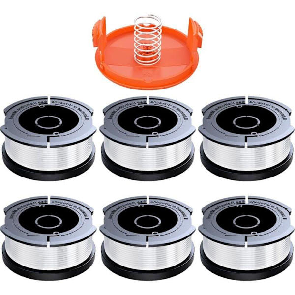 Black & Decker Trimmer Replacement Spools - 6 Pieces with 1.65mm Line, 10m Each, Includes Extra Spring & Cap
