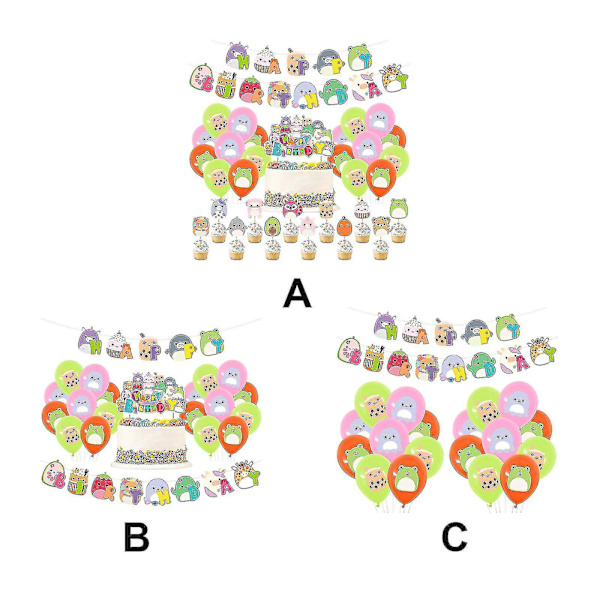 Squish Mallows Fødselsdagsdekorationer, Squish Mallows festartikler inkluderer fødselsdagsbanner, kagetopper, Squish Mallows balloner, festdekorationer S Set 2