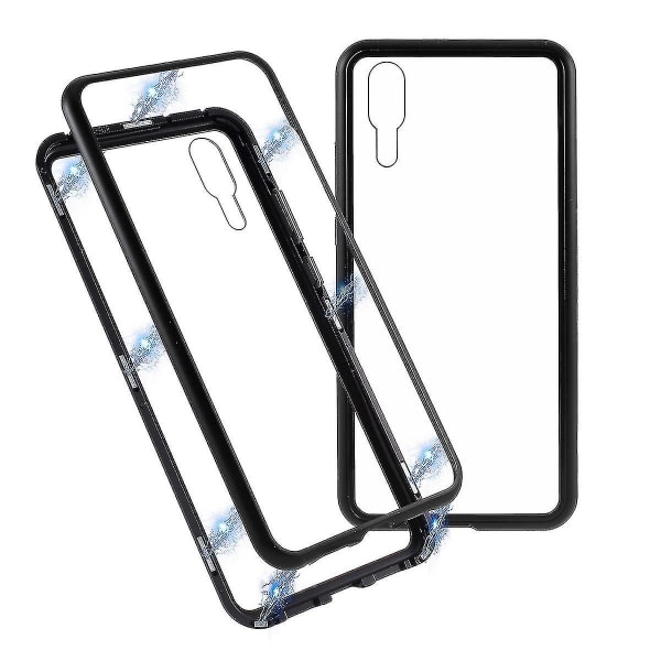Avtakbar magnetisk metallramme + bakside av herdet glass Mobiltelefonveske for Huawei P20 - svart / gjennomsiktig bakside