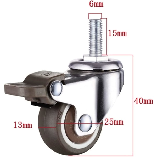 4-pak små møbelhjul 25 mm blød Tpe-gummi M6 X 15 mm gevind (2 stk. med bremse) (25 mm)