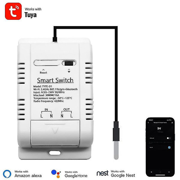 Wifi Temperaturkontakt 16a Tuya Smart Rf433 Intelligent Termostat Ds18b20 Temperatursensor Vandtæt Realtidsmonitor