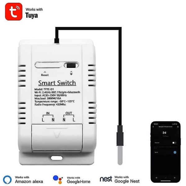 Wifi Temperaturswitch 16a Tuya Smart Rf433 Intelligent Termostat Ds18b20 Temperatursensor Vattentät Realtidsmonitor