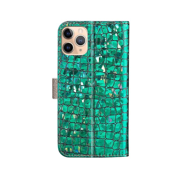 Laser Glitter Powder Matchende Pu-deksel til iPhone 13 Pro Max Grønn