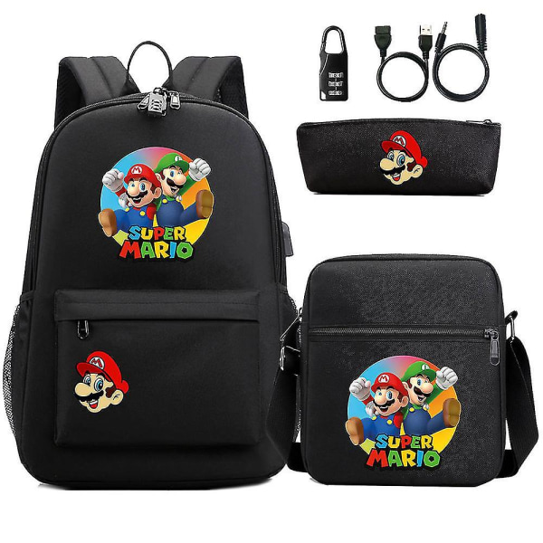 3-osainen Super Mario 3d Print USB Varkaudenestolukko Nuorten opiskelijareppu - Unisex Casual matkalaukku miehille ja naisille 9