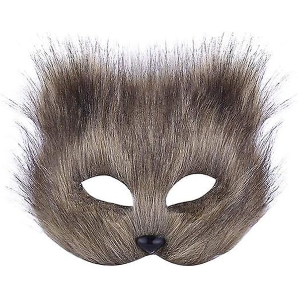 Plys katterævemaske, Therian-masker, Realistiske kattemasker, halvansigtsdyrsmaske, Furry Party Cat Mask Masquerade Mask, Cosplay-kostume Gray