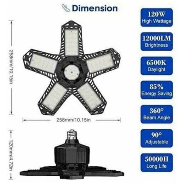 Rea - LED garasjebelysning - 120 W - 12000 lm - Verkstedlampe - Formbare taklamper - E26/E27 paneler - 1 lampe