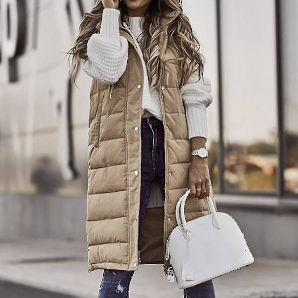 Ensfarget hette for kvinner, mellomlang, polstret vest, ermeløs lommejakke Beige M
