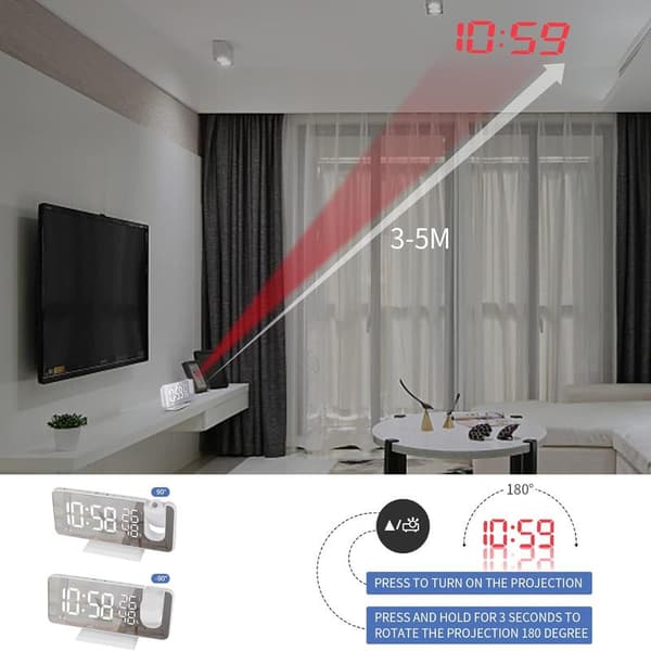 Projector Alarm Clock, Clock Radio with Temperature, Humidity, 7.5 Inch Mirror LED Screen, with Automatic Dimming Function, (White)