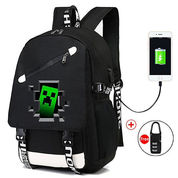 Minecraft Ryggsäck Svart USB Laddare Port Vattentät Resväska Skolväska 15 Dator Business Bag Vattentät Mochilas Blue